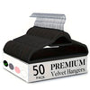 A pack of 50 premium velvet hangers with 360° swivel hooks displayed in a box.
