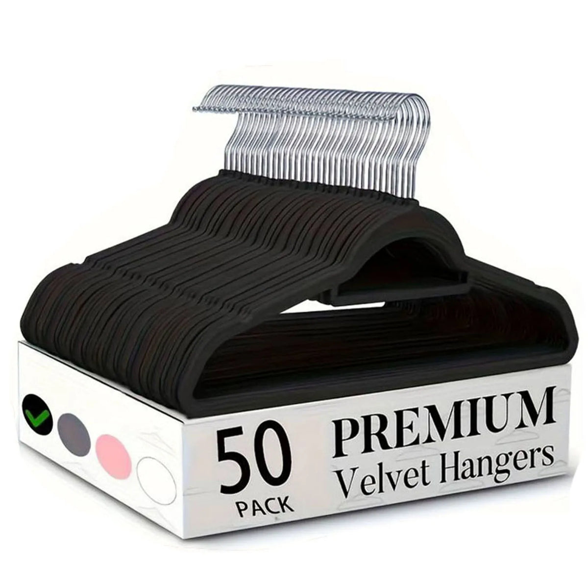A pack of 50 premium velvet hangers with 360° swivel hooks displayed in a box.