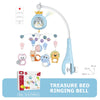 A treasure bed ringing bell mobile featuring a crown, various hanging toys, and a light fixture.