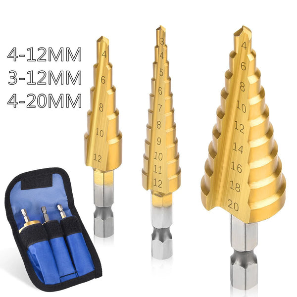 Set Titan-Steckbohrmeißel in verschiedenen Größen (4-12mm bis 4-20mm) zusammen mit einer Aufbewahrungsbox.