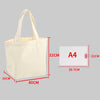 A beige canvas shopping tote bag shown with dimensions and an A4 paper size for scale.