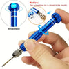 A blue swivel head screwdriver bit is shown being held by a hand, with an inset showing the bit stored in the handle.