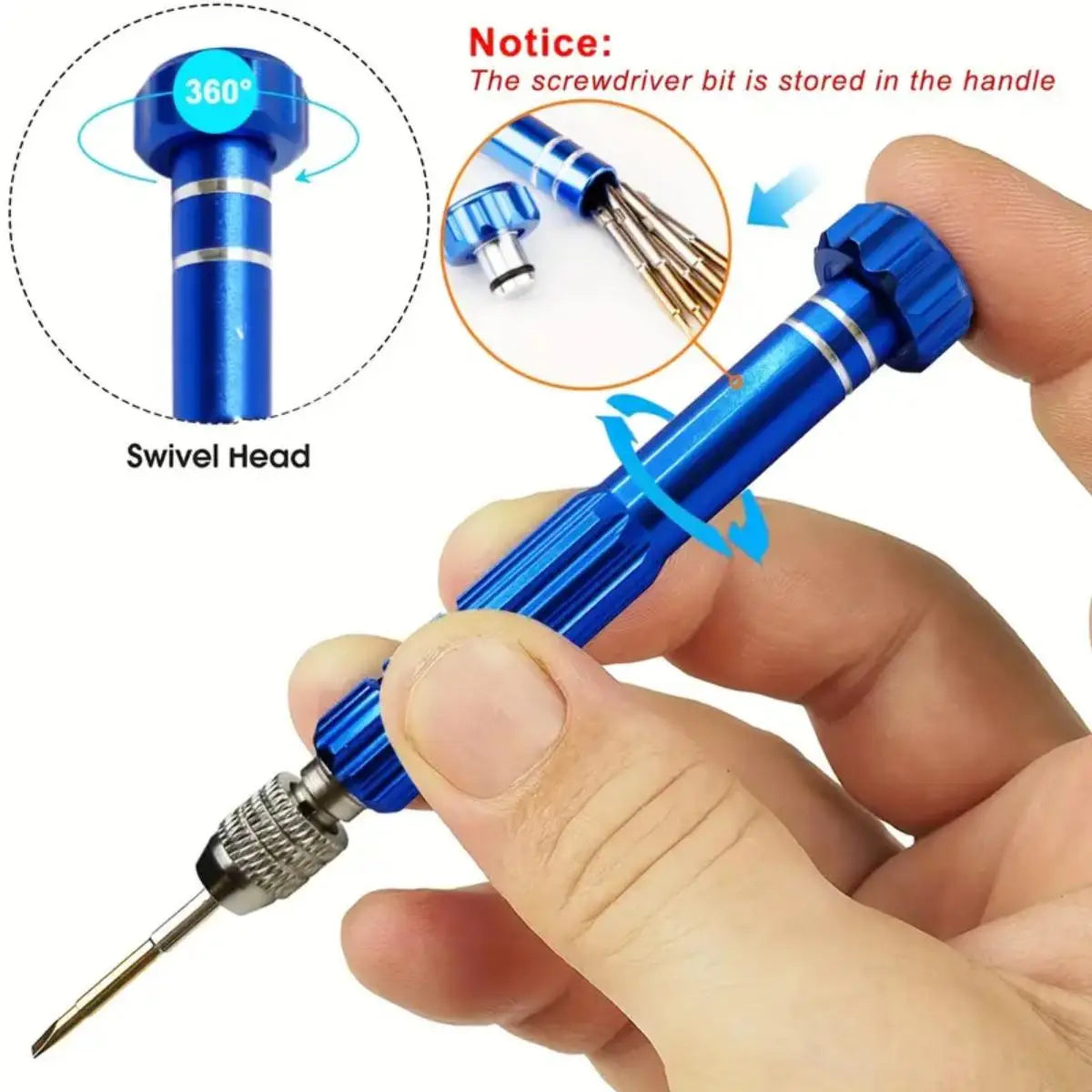 A blue swivel head screwdriver bit is shown being held by a hand, with an inset showing the bit stored in the handle.