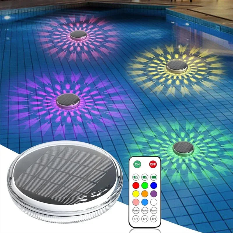 A solar floating pool light with a remote control is shown illuminating a blue tiled pool with various color patterns.