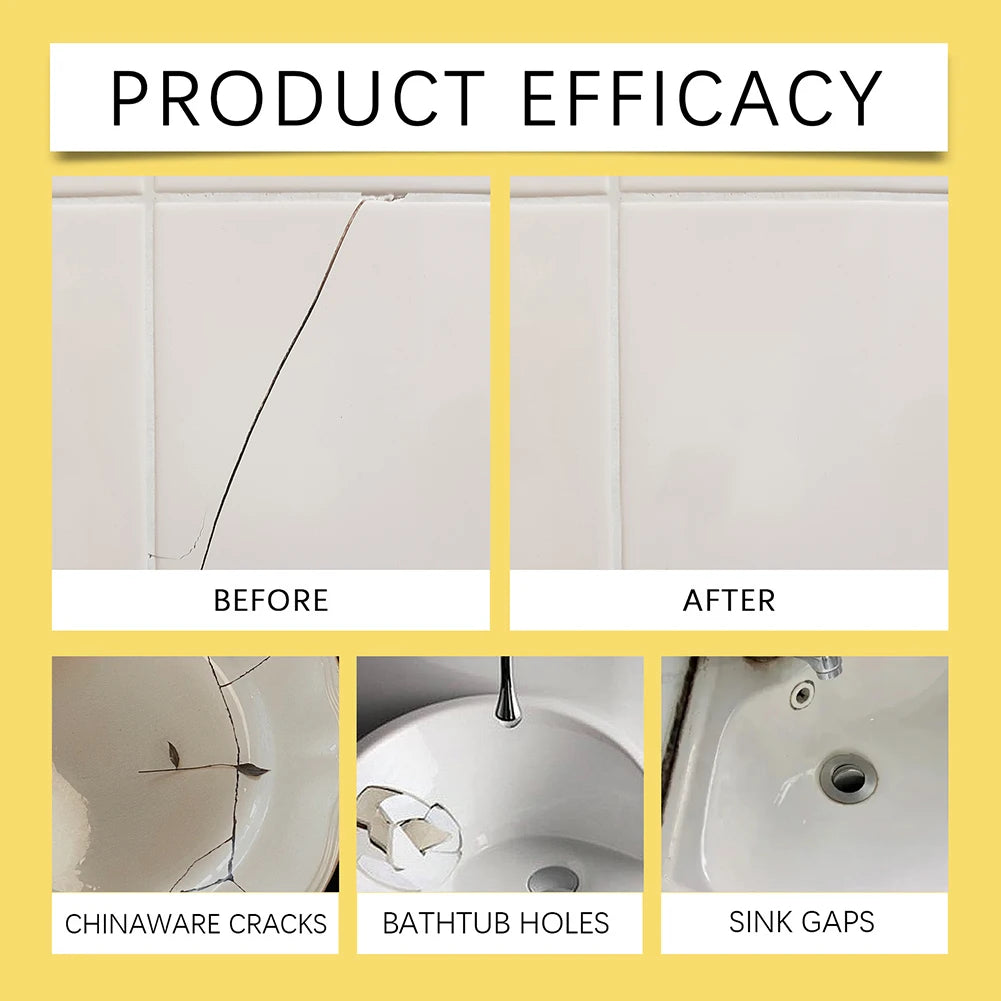 Before and after images showing the repair of chinaware cracks, bathtub holes, and sink gaps using a tile and stone crack rep