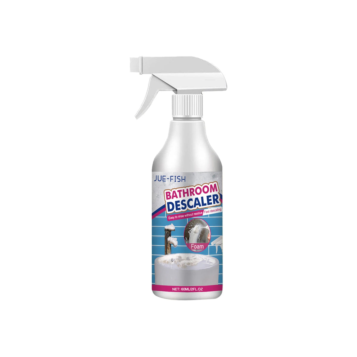 A white spray bottle of Jue-Fish Bathroom Descaler and stain remover with a flat nozzle.