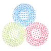 Three reusable polka dot waterproof shower caps in blue, green, and pink.