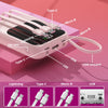A pink portable power bank with Type-C, Micro-B, and USB ports, featuring an LED light and USB lanyard.