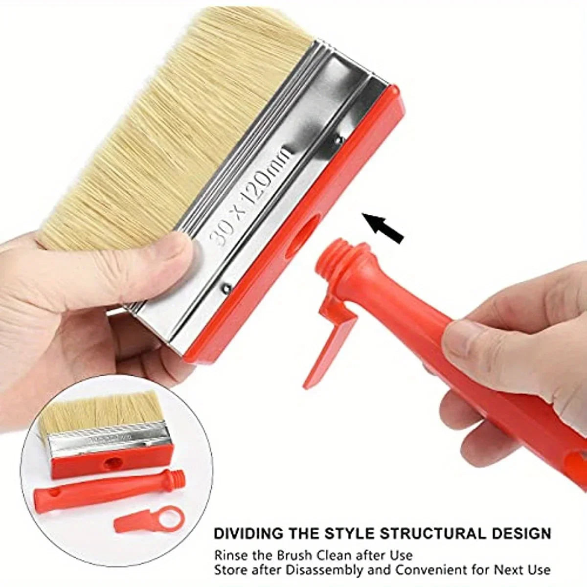 A hand holds a red paint brush with a natural fiber brush and a metal frame, demonstrating its design for easy disassembly.