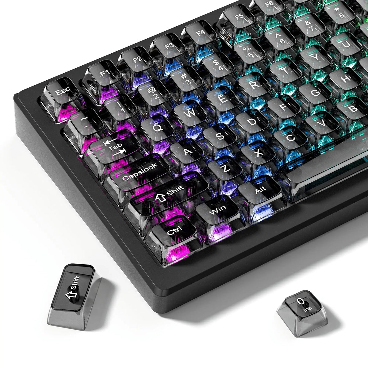 A close-up view of a black mechanical keyboard with crystal clear RGB backlit keycaps and various modifier keys.