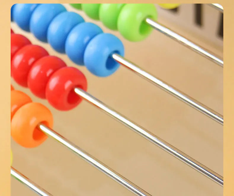 A wooden rainbow counting abacus with colorful beads strung on metal rods.