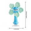 A light blue baby suction cup spinning toy shaped like a cute animal with green leaf-like wings.
