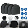 A set of four black universal tire covers for waterproof UV protection, shown with various features.