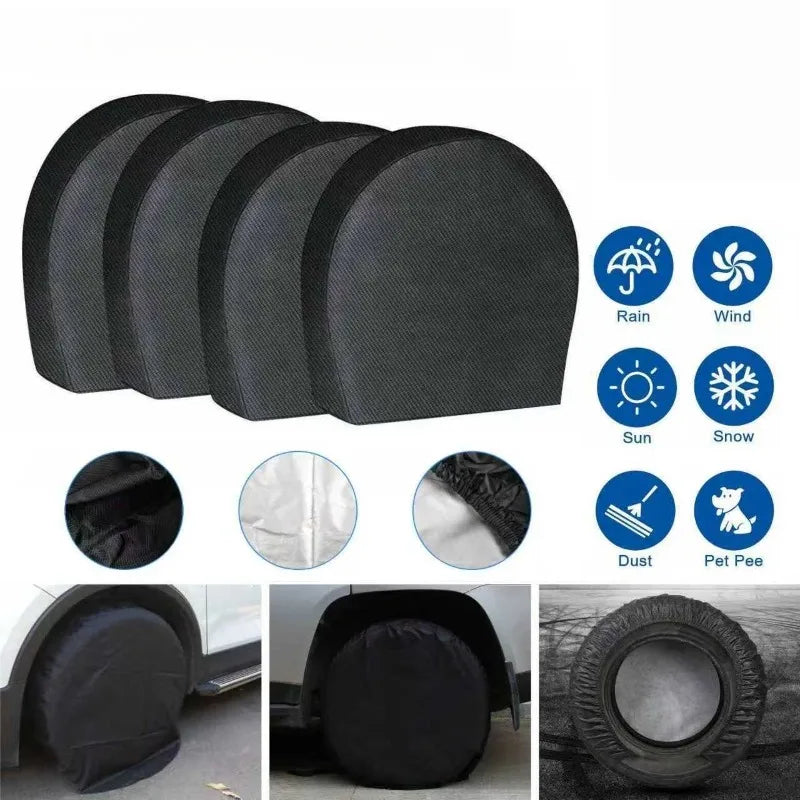 A set of four black universal tire covers for waterproof UV protection, shown with various features.