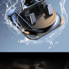 A black 360° rotating car dashboard phone mount with an anti-slip silicone base shown against a water splash background.