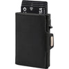 Black leather pop-up card holder wallet with RFID blocking features and a metal accent.