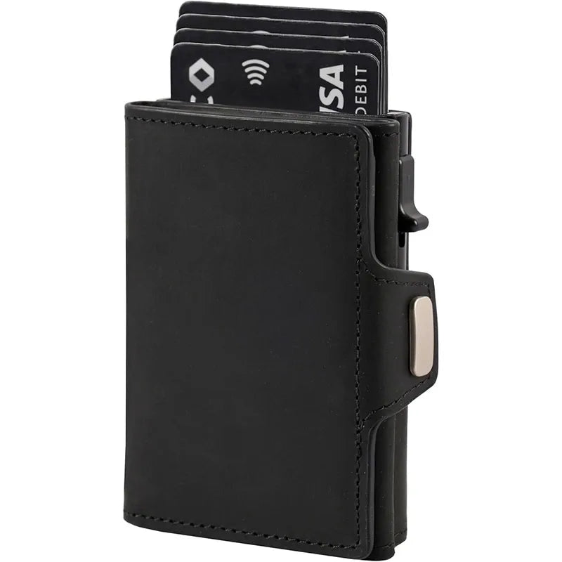 Black leather pop-up card holder wallet with RFID blocking features and a metal accent.