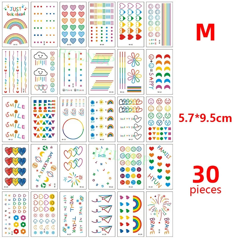 Colección de 30 pegatinas temporales con diseños como luna, estrella, diablo y flor.