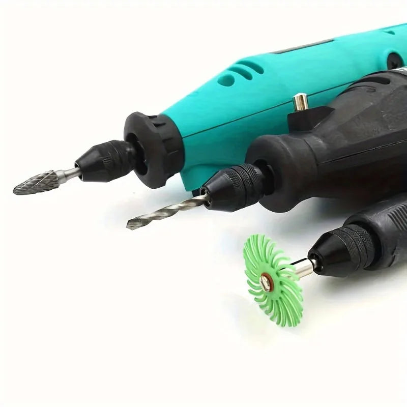 A hand tool featuring a quick-change hex shank drill chuck with a round handle and a green motor body.