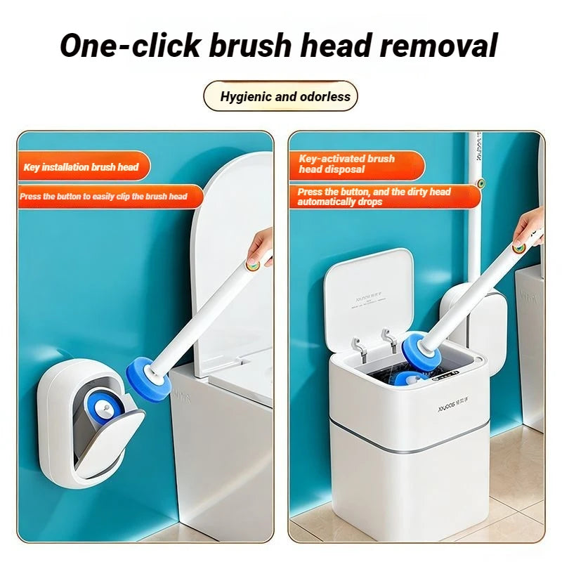 Demonstration of one-click brush head removal on a wall-mounted toilet brush set.
