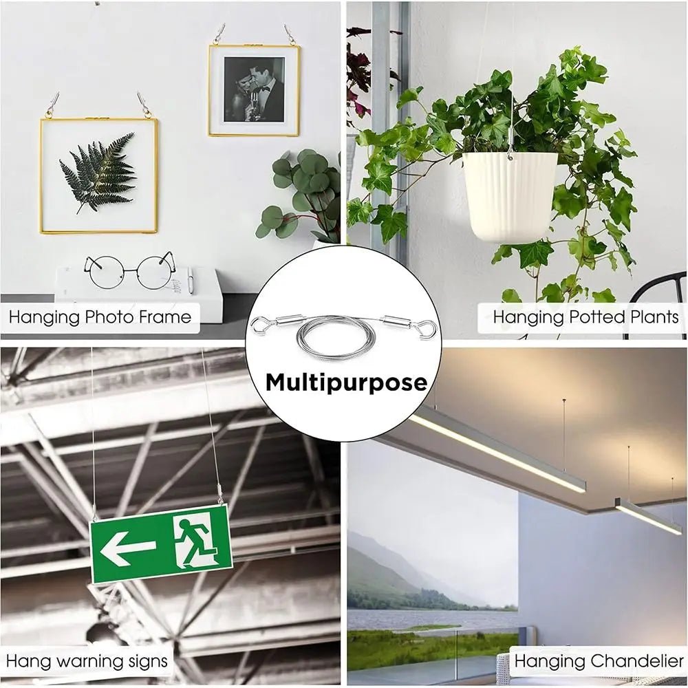 Adjustable stainless steel wire rope used for hanging photo frames, potted plants, warning signs, and chandeliers.