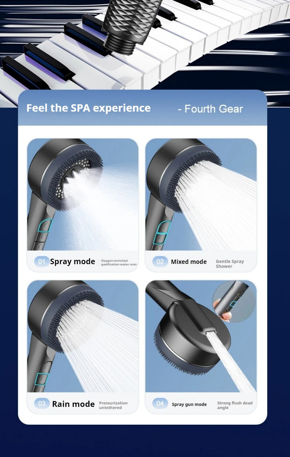 A display showing four modes of a high-pressure handheld shower head including Spray, Mixed, Rain, and Spray gun modes.