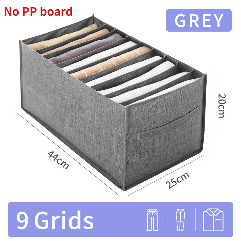Grey foldable closet organizer box with nine grids for storing underwear, socks, and accessories