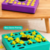 Two pairs of colorful shape matching puzzles are shown on a wooden table, demonstrating purple and blue game pairings.