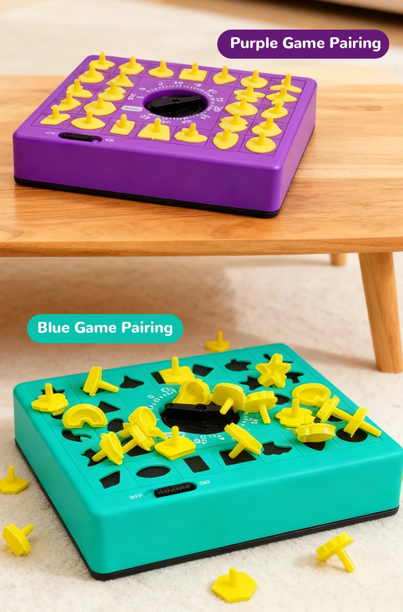Two pairs of colorful shape matching puzzles are shown on a wooden table, demonstrating purple and blue game pairings.