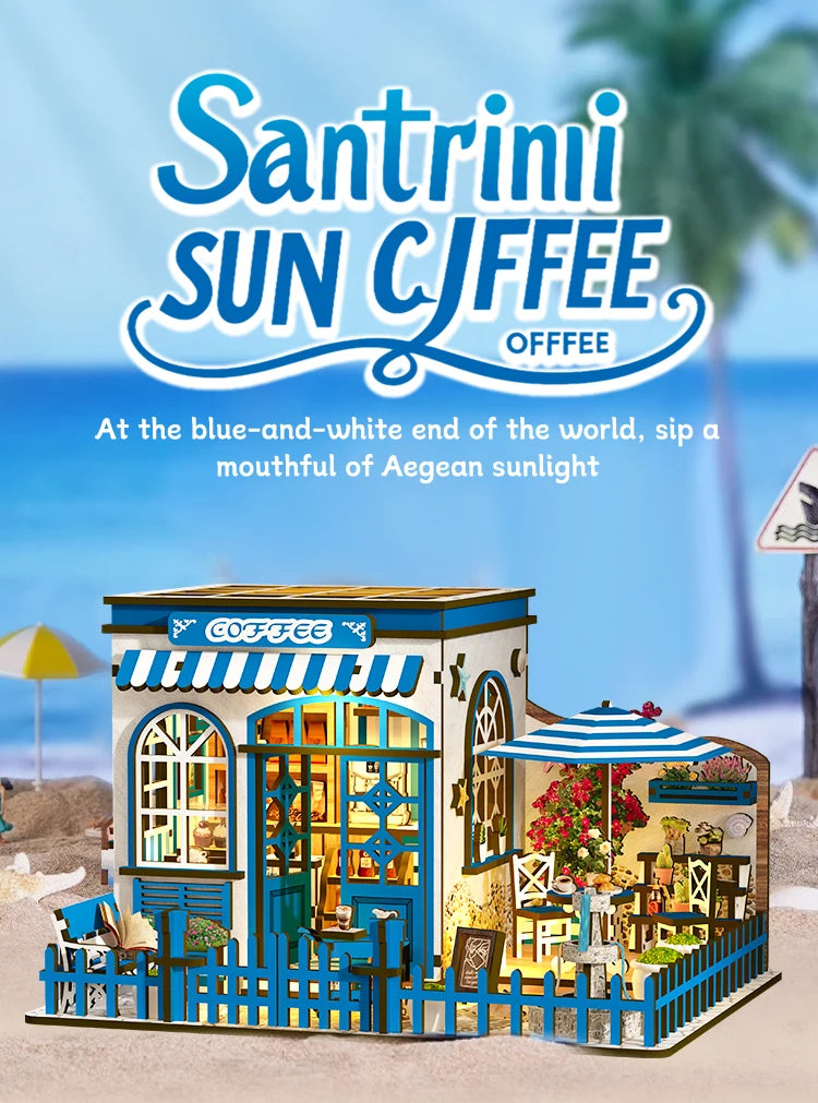 A wooden dollhouse miniature assembly kit featuring a cafe facade with blue and white accents.