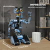 A blue Johnny 5 robot model built from building blocks, shown standing on a wooden surface.