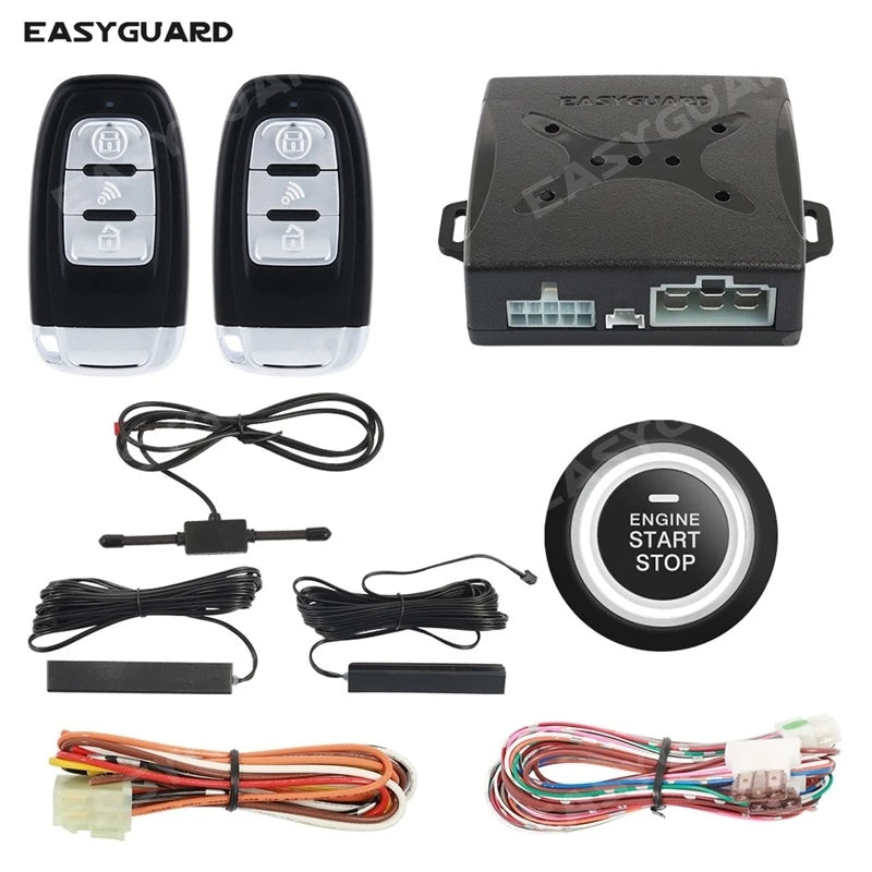 A set of keyless entry components including a remote, push button ignition module, and various wiring harnesses.
