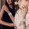 Primeros planos de mujeres usando o sosteniendo fundas de borde de diamantes brillantes en Apple Watch.