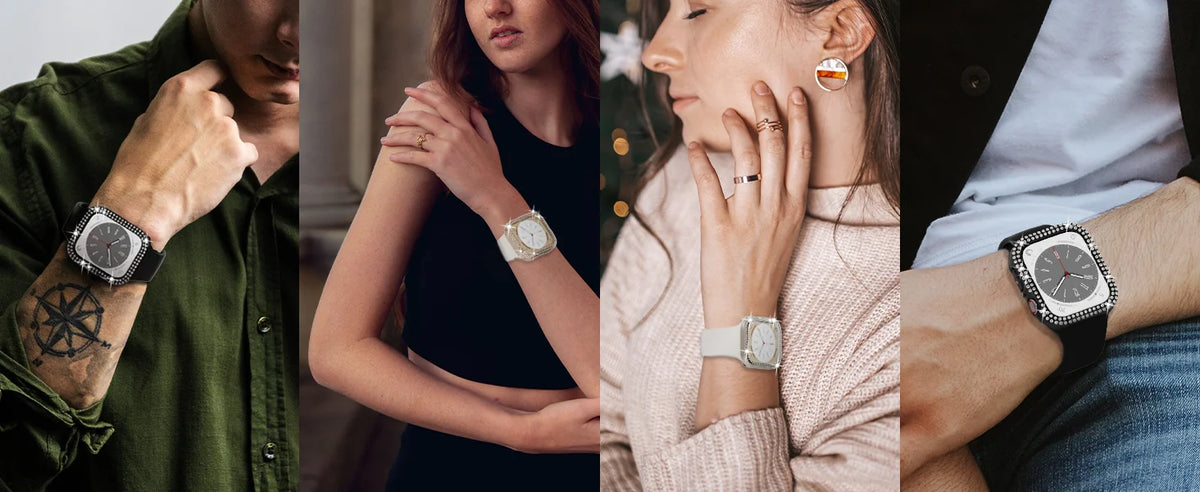 Primeros planos de mujeres usando o sosteniendo fundas de borde de diamantes brillantes en Apple Watch.