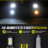 A pair of LED fog and DRL bulbs shown next to a halogen bulb, highlighting their bright white light and easy installation.