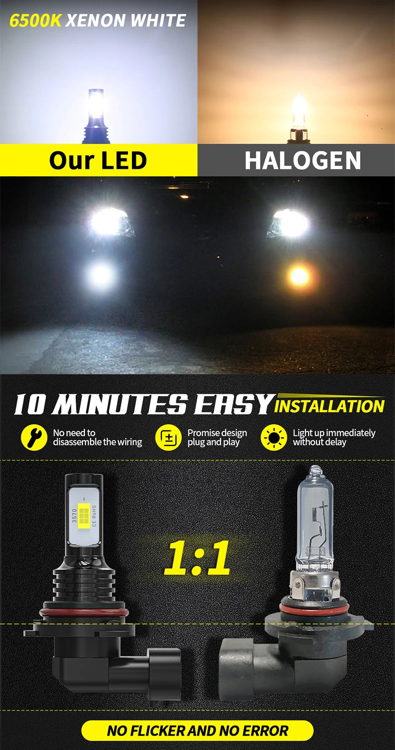 A pair of LED fog and DRL bulbs shown next to a halogen bulb, highlighting their bright white light and easy installation.