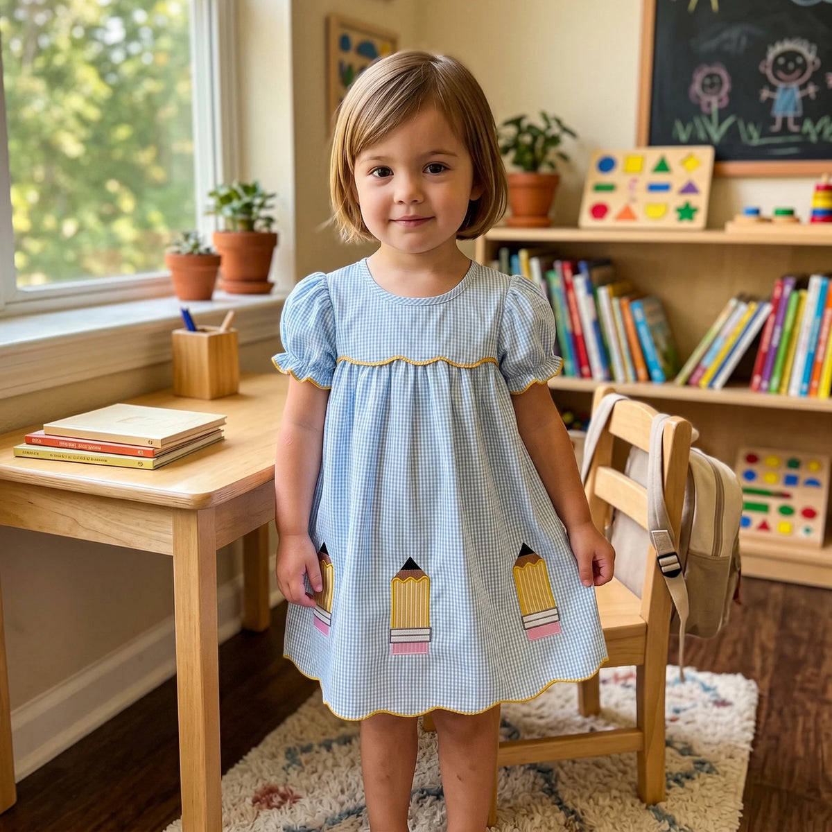 Girls' Plaid A-Line Summer Dress with Embroidered Details