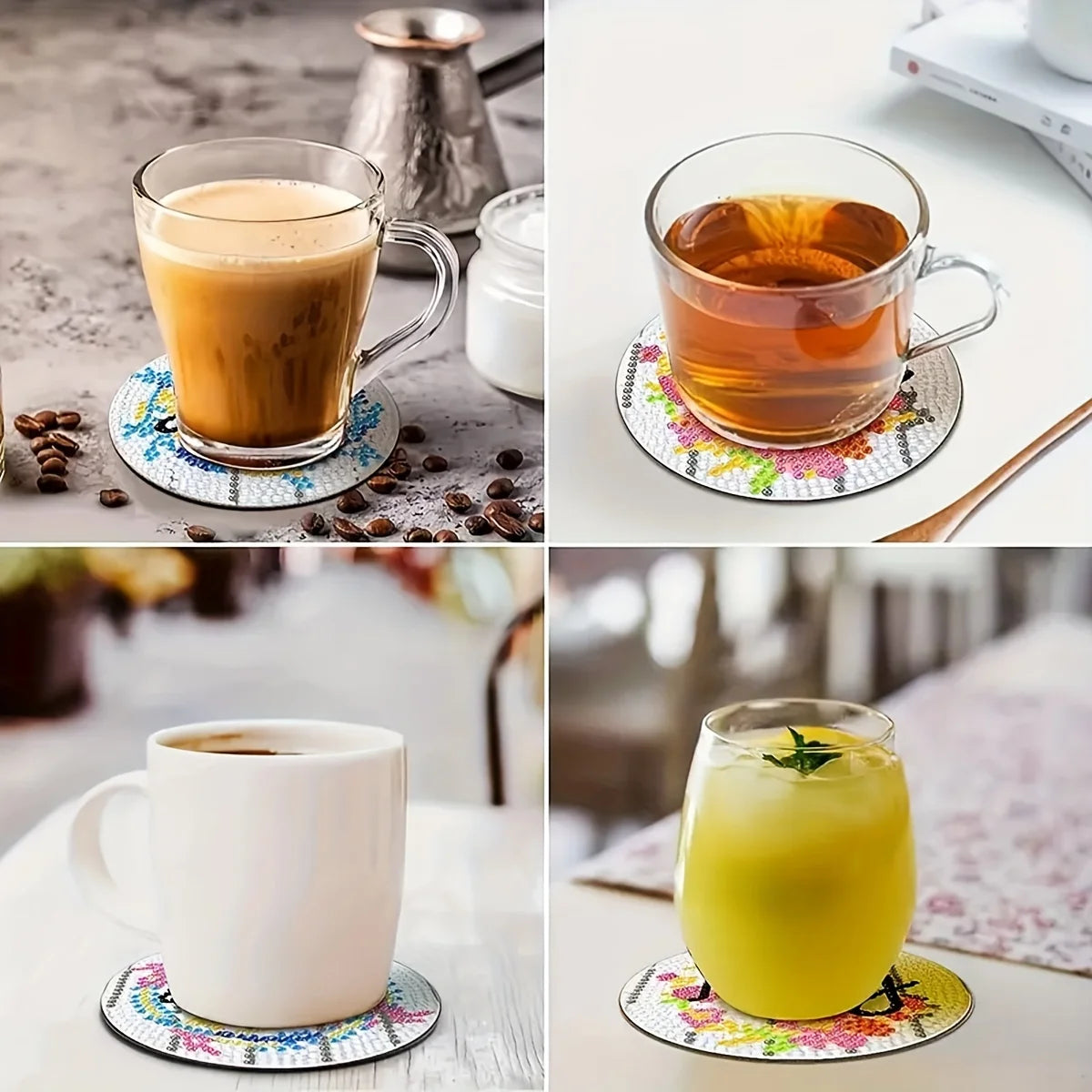 A set of sparkling letter-themed diamond painting coasters featuring various colors and patterns.