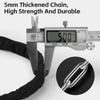 A stainless steel chain lock is shown next to a digital caliper measuring 5.00 mm, highlighting its thickness and durability.