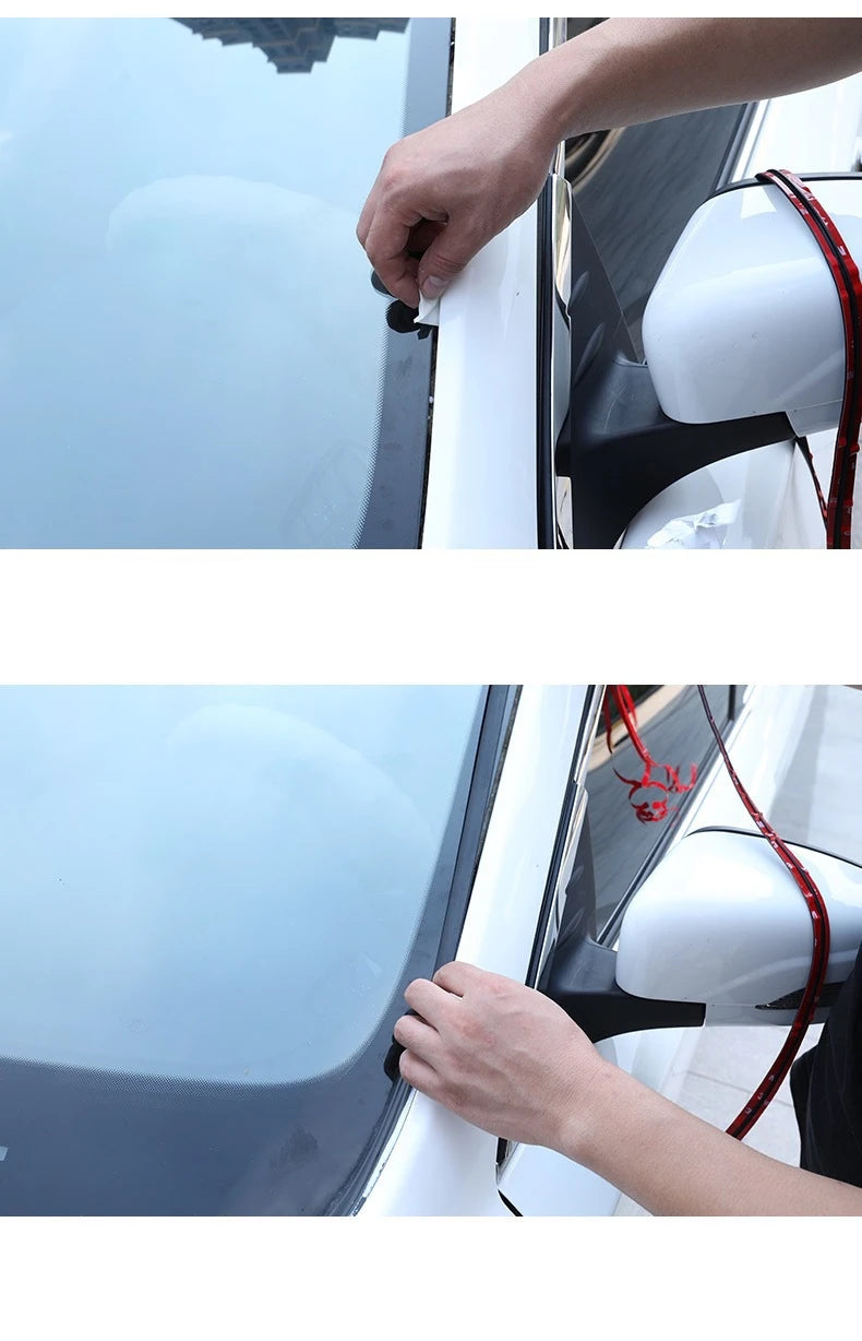 A hand is applying an automotive rubber sealing strip to a car window frame for noise and weather protection.