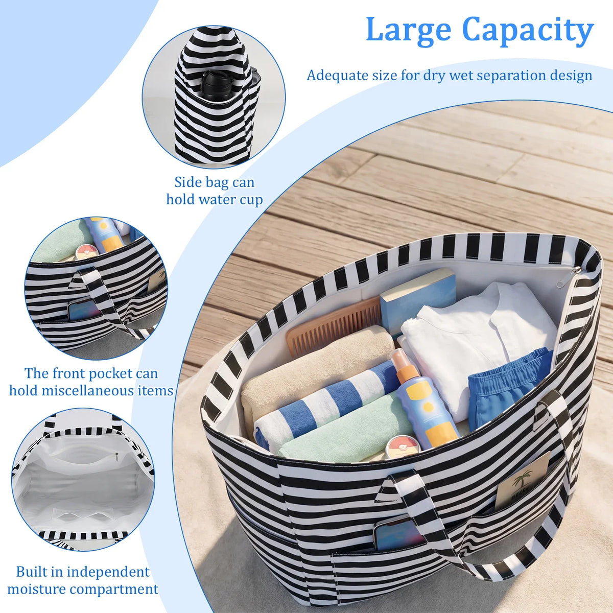 Sac de plage imperméable noir et blanc avec porte-gobelet latéral et compartiment anti-humidité intégré