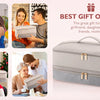 A silver double-layer travel storage bag for hair dryer and accessories shown in various contexts.