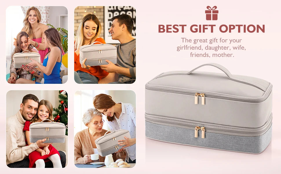 A silver double-layer travel storage bag for hair dryer and accessories shown in various contexts.