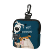 A dark blue mini coin purse featuring a print of a white dog, a black dog, and a light-colored dog.