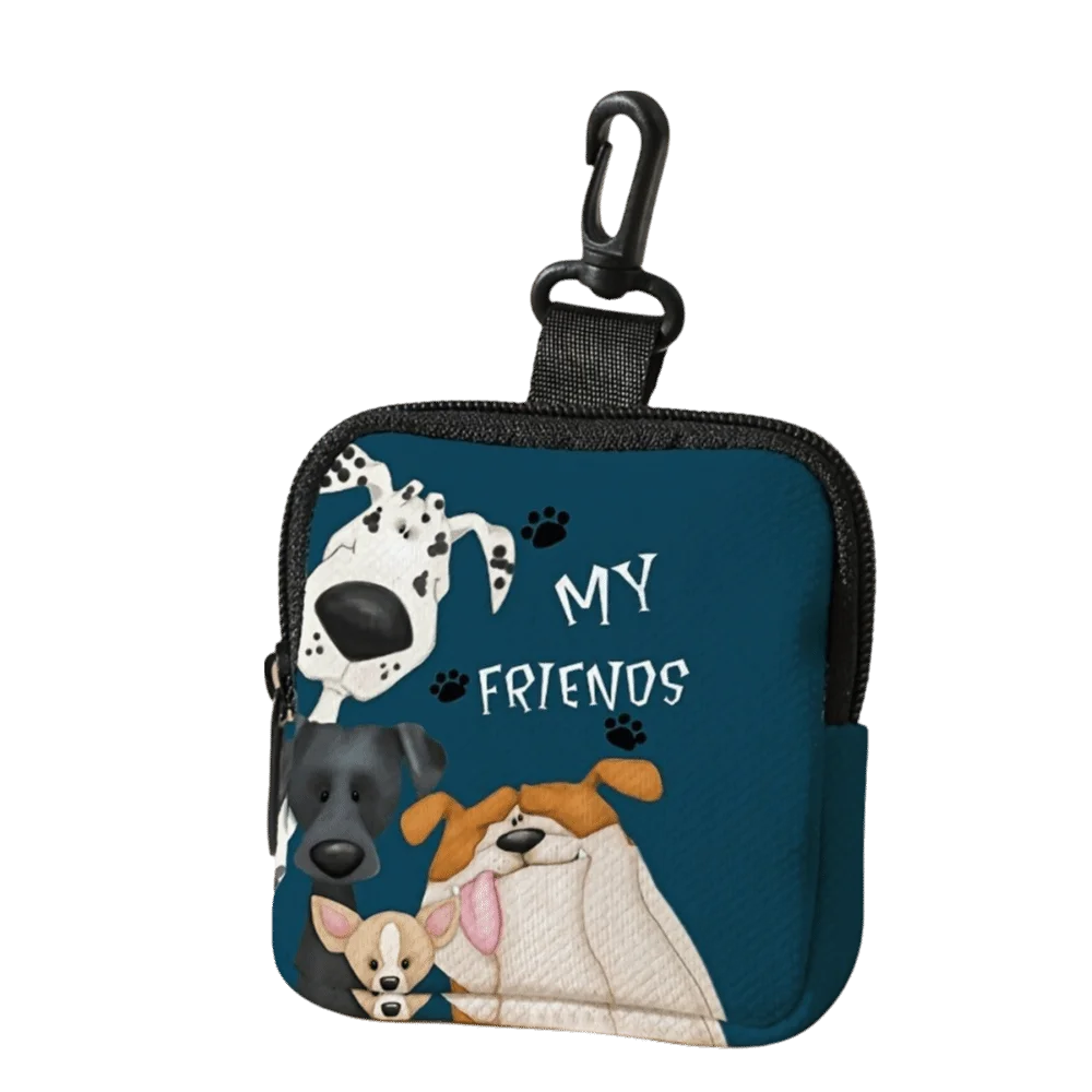 A dark blue mini coin purse featuring a print of a white dog, a black dog, and a light-colored dog.