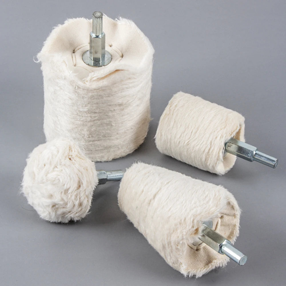 A set of cotton polishing buffing wheels for drills, showing various sizes and materials.
