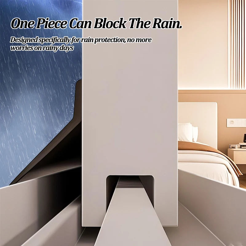 A white weatherproof sliding window seal strip is shown installed in a modern interior setting.