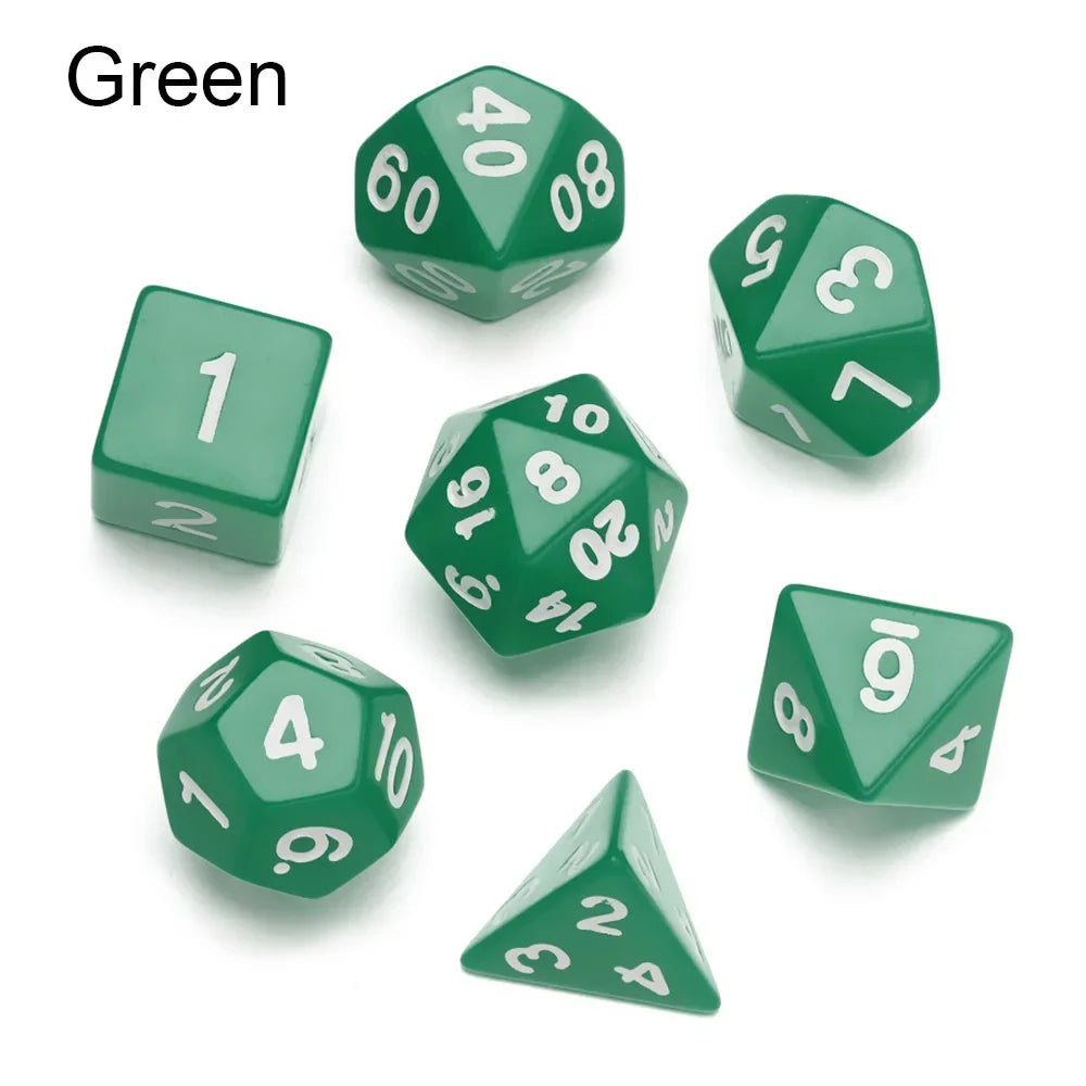 A set of green polyhedral dice including a d6, d8, d10, d12, and d20.