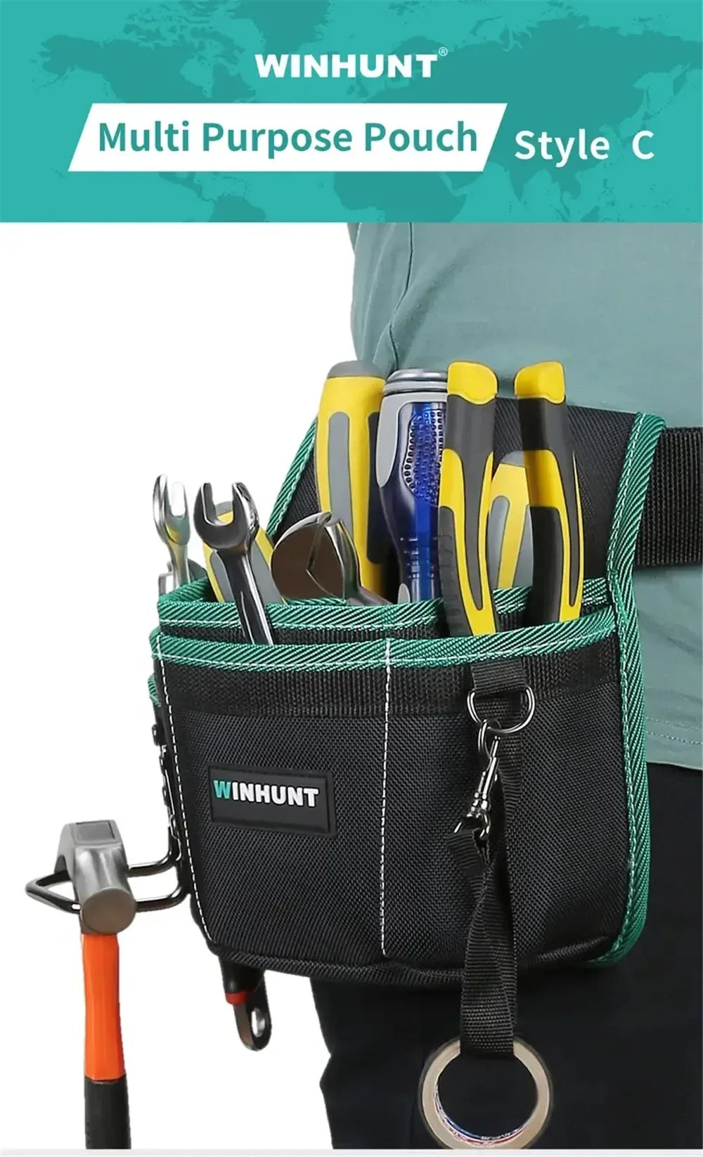 A black and green Winhunt multi-purpose pouch filled with various tools like pliers and screwdrivers, attached to a belt.