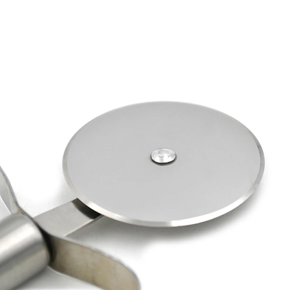 A stainless steel pizza cutter with a circular blade and finger guard is shown against a white background.